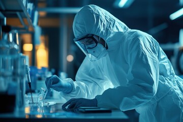Scientist in hazmat suit analyzing biological threats in quarantine lab high-tech environment focused viewpoint on safety protocols
