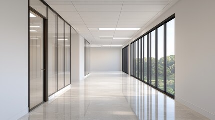 Empty modern office space with glass walls and natural light