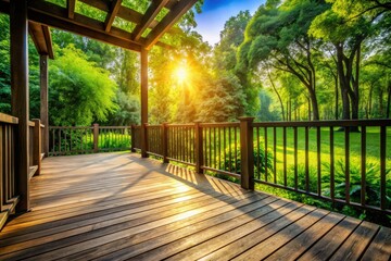 Obraz premium Sun-drenched wooden deck overlooks lush greenery, peaceful backyard retreat.