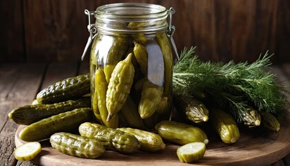  Zoom sur un bocal de cornichons croquants posé sur une table en bois rustique, contenant des pickles, dans un bocal, croustillants, au sel de dill, concombres, apéritif.