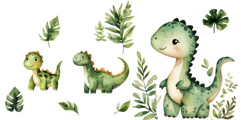 Watercolor dinosaur collage, white background