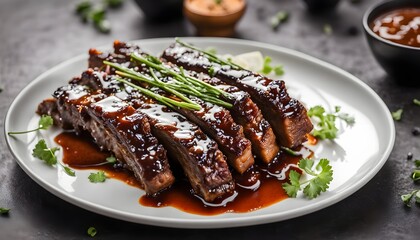 Braised pork spare ribs with soy sauce in white plate

