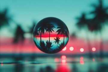 Palm trees mirrored in crystal ball sunset silhouette