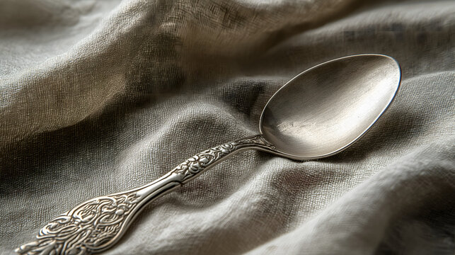 Close-up of an elegant silver serving spoon with ornate design on a textured fabric surface, showcasing vintage kitchenware and sophisticated tableware for a minimalist, rustic decor setting. - Powered by Adobe