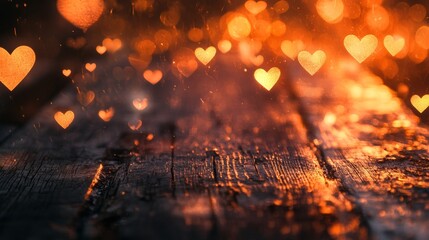 Romantic valentine's day concept with heart bokeh and wooden background, festive love and passion theme for greeting cards and celebrations



