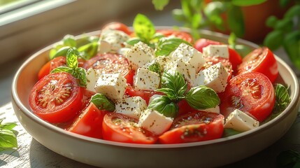Fresh and Vibrant Salad with Juicy Tomatoes and Creamy Feta Cheese Garnished with Basil Leaves Ideal for a Healthy Meal