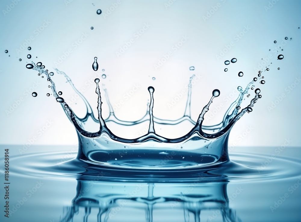 Poster water splash creates crown shape against white background. liquid dynamic in studio shot. fresh wate