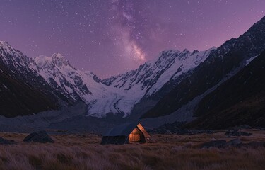 Camping beneath starlit mountains. A tent shines under the Milky Way's glow. Photo composite