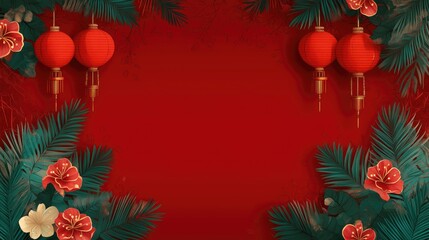 Red lanterns and tropical foliage on vibrant red background for festive celebrations. Chinese New Year