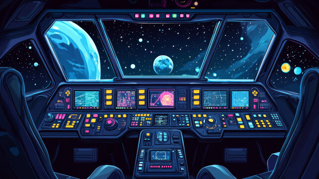 Spaceship cockpit interior. Vector cartoon illustration of space shuttle cabin flight in night sky, pilot seats, computer dashboard with buttons and displays, planet and stars seen through windshield
