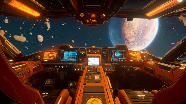 Spaceship cockpit interior. Vector cartoon illustration of space shuttle cabin flight in night sky, pilot seats, computer dashboard with buttons and displays, planet and stars seen through windshield