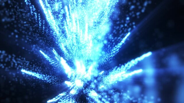 Abstract colorful explosion of naked bright dust particles, movement of glowing particles, speed of light, fireworks of dots and particles, space scene, futuristic background. Seamless looping 