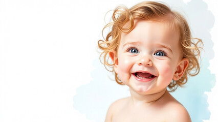 Watercolor painting, smiling happy baby with blue eyes and light curly hair, portrait. Banner