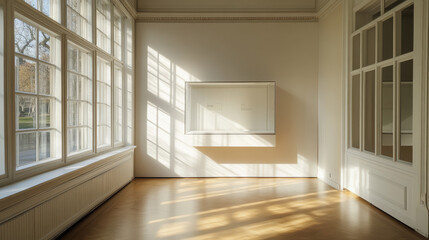 Fototapeta premium Built-in white showcase on white wall and sunlight from windows in the room