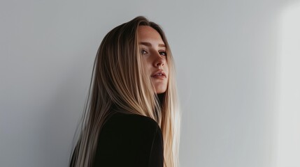 Fototapeta premium A Woman With Long Blonde Hair Standing in Front of a Window - Generative AI