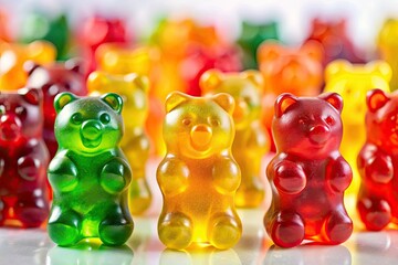 Naklejka premium Vibrant gummy bears burst against a pure white backdrop, showcasing their delicious, candy-coated perfection.