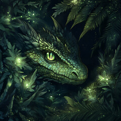 Forest dragon camouflaged among glowing bioluminescent plants, peeking through the foliage in a magical woodland setting.