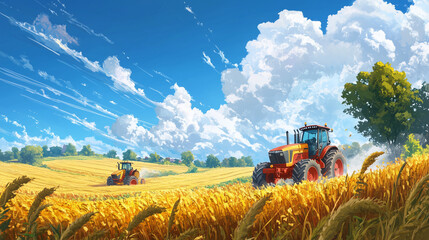 Obraz premium Illustration of summer where farm machinery is personified