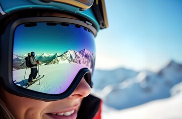 Skier enjoys winter wonderland. Reflection of skier in snow goggles shows alpine mountains. Snowy landscape. Outdoor winter sports activity. Mountain scenery. Winter sports enthusiast on snowy slope.
