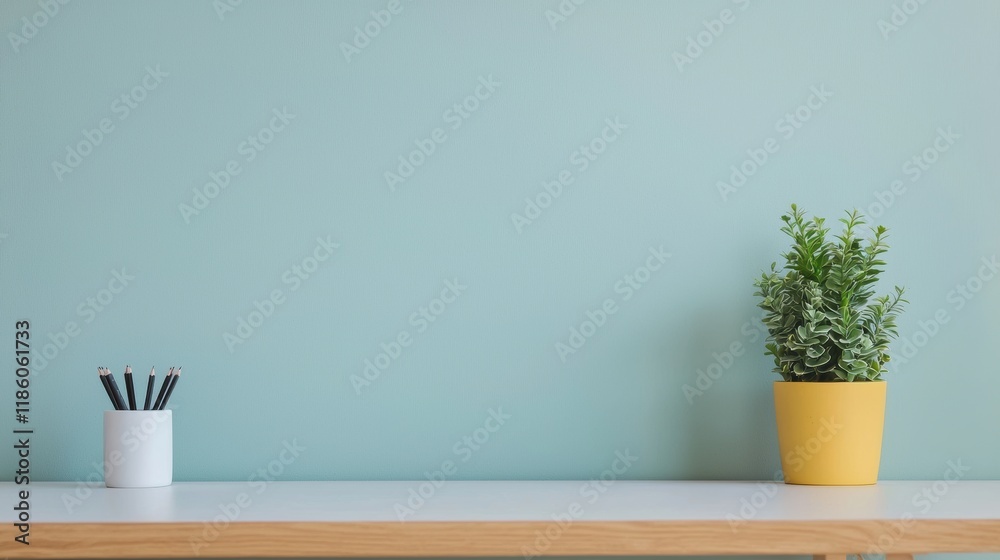 Poster minimalist desk with pencils and plant creating a productive environment