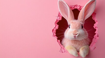Obraz premium Adorable pink bunny peeking through a pink paper hole. Easter, Pascha, Paskha, Ostern, Pascua, Paques - Orthodox and Catholic Holiday celebration