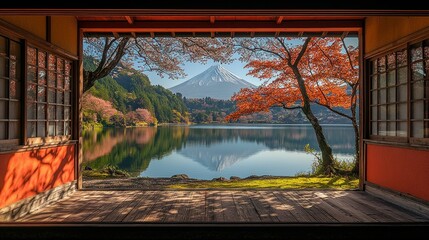 Serene Autumn View of Mount Fuji from a Traditional Japanese House