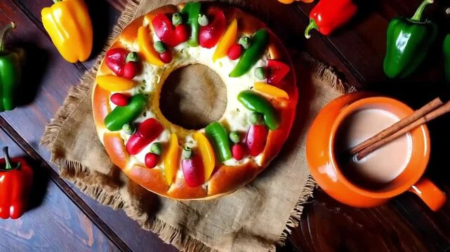 A cozy and festive presentation of Mexican cuisine featuring a traditional Rosca de Reyes bread adorned with candied fruits, paired with a steaming mug of traditional hot chocolate