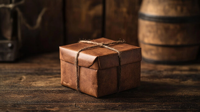 Brown gift box wrapped with string placed on rustic wooden table
