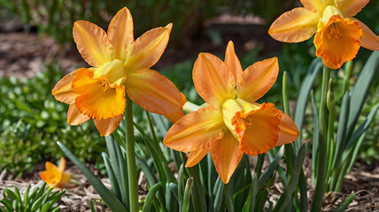 Fototapeta premium Garden & Landscape, Orange centered yellow jonquils to brighten a garden.