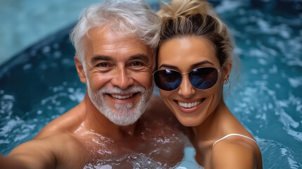 Fototapeta premium Mature caucasian man and young caucasian woman enjoying a pool day