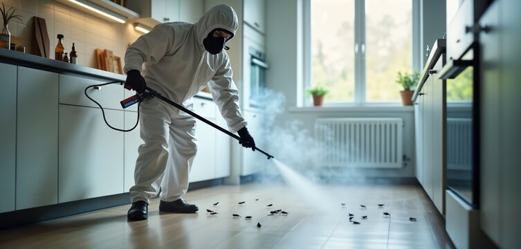 Pest control specialist sprays insecticide in residential kitchen. Person wears protective gear like mask, white protective suit. Smoke covers floor. Many cockroaches on floor. Pro pest control