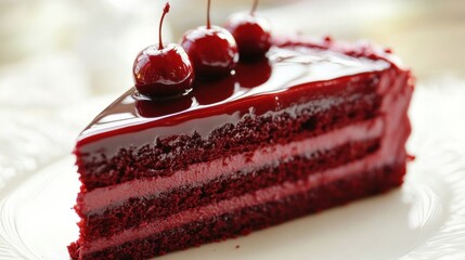 Delicious Slice of Red Velvet Cake with Cherries on Top