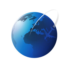 Traveling Around the World - Aviation, Travel by Airplane Concept - Earth Globe Design with Plane, Template Isolated on White Background