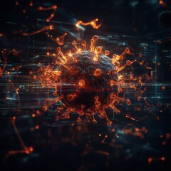 Obraz premium Detailed 3D visualization reveals intricate structure of a virus showing capsules, spikes, and RNA strands with glowing features. Generative AI