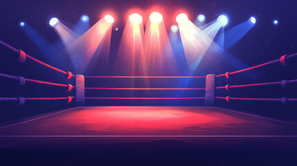 Empty mma ring with ropes, illuminated with bright spotlights. Cartoon vector illustration of arena for fighting, wrestling, training and competition. Sports match, betting announcement background