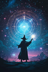 A wizard casting magic under a starry sky, surrounded by cosmic patterns.