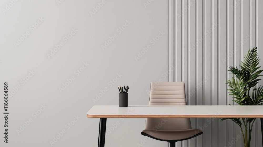 Poster minimalist home office setup promoting productivity with natural lighting and clean lines