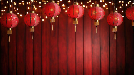 Red lanterns and festive lights on a wooden background. Chinese New Year
