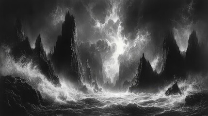 Dramatic grayscale seascape with towering rocky cliffs and stormy sky.