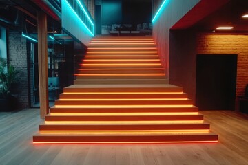 Obraz premium Modern Stylish Staircase with Colorful Neon Lighting in Interior