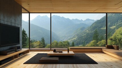 Modern Living Room with Scenic Mountain View and Natural Light