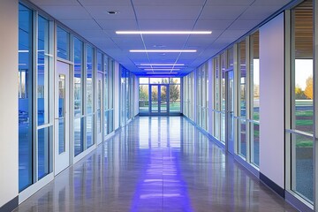 Modern Office Corridor with Bright Lighting and Glass Walls