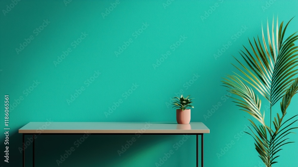 Aufkleber Minimalist office table with plants and soft lighting creating a calming modern environment