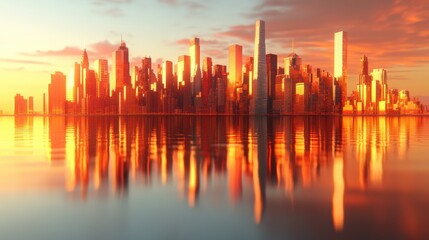 Obraz premium Sunset Reflection Over Modern City Skyline with Golden Hues
