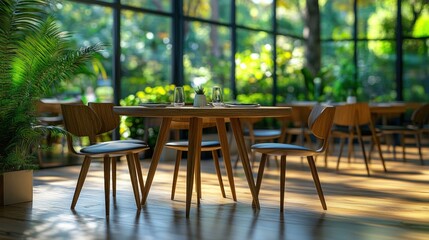Obraz premium Modern Dining Area with Wooden Furniture and Lush Greenery View