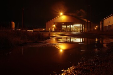 Nighttime Industrial Scene with Reflections and Warm Lighting