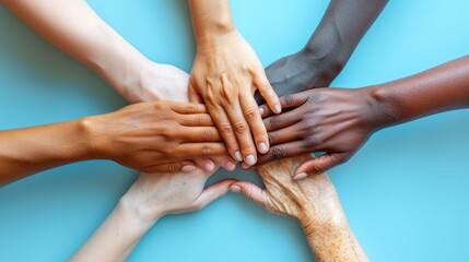 Close-up Diverse hands of various skin tones placed together on blue surface, symbolizing harmony and collaboration among individuals. International Day of Human Fraternity, Zero Discrimination Day