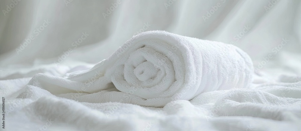 Poster Clean white towel rolled into a blanket showcasing a textured textile A delicate white background composed of smooth plush fur fabric Soft focus image with copy space