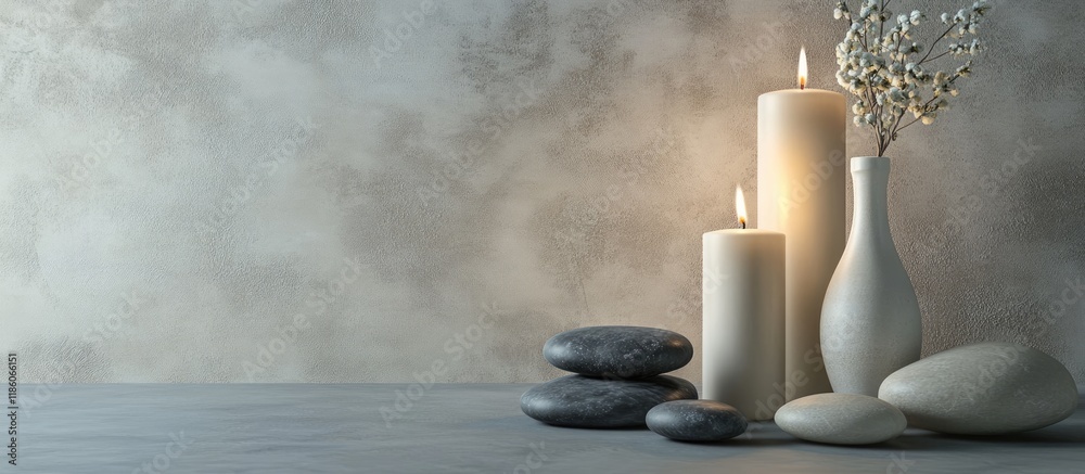 Poster Vase filled with water burning candles and spa stones on a grey table with room for text. with copy space image. Place for adding text or design