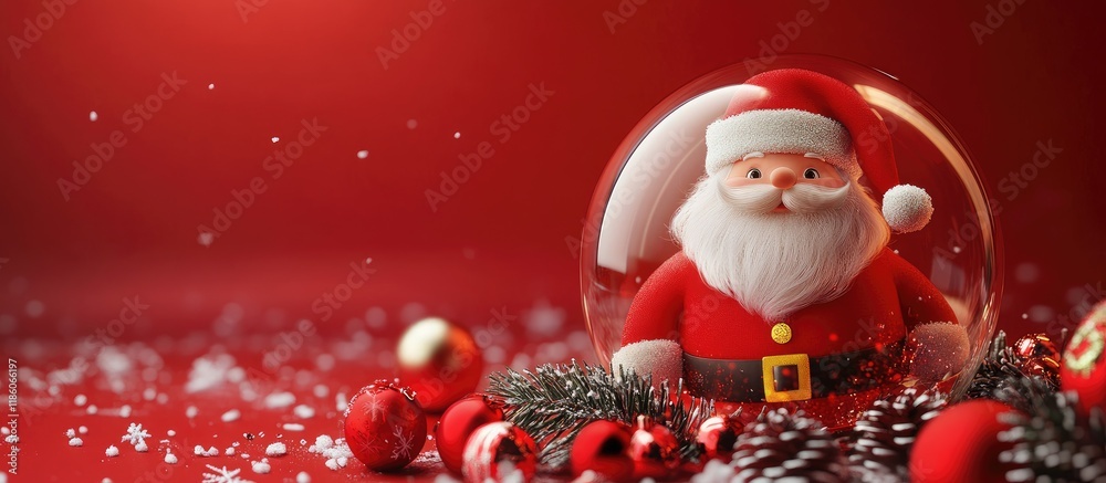 Poster santa claus inside a glass with christmas decorations. with copy space image. place for adding text 